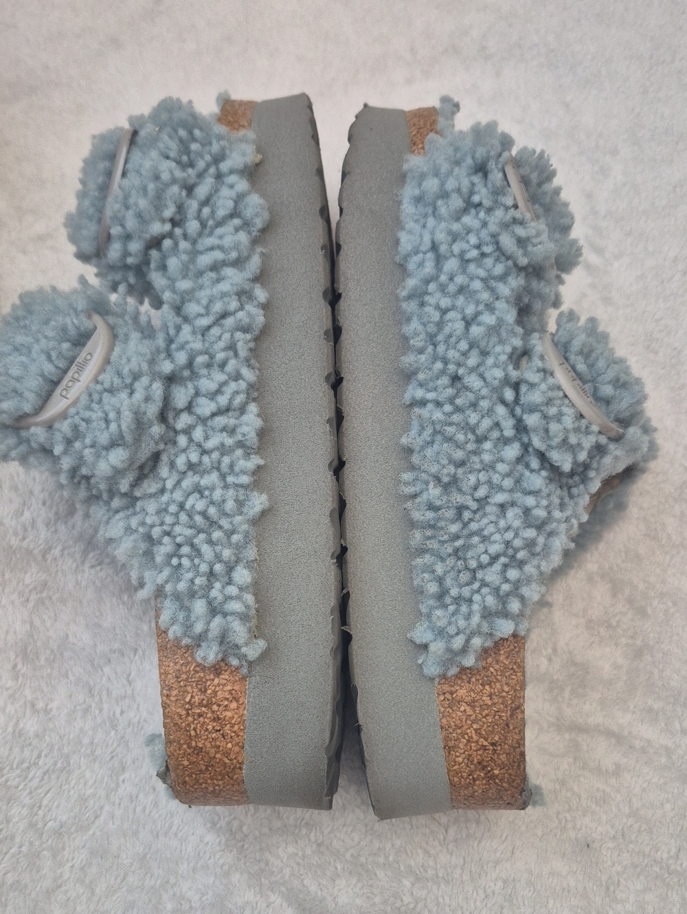 Papillio Light Blue Shearling Platform Clogs